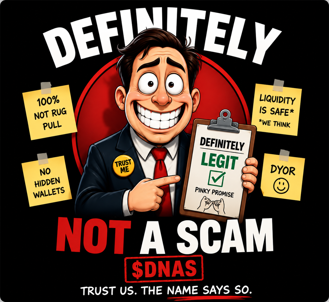 Definitely Not A Scam DNAS mascot holding a transparency checklist
